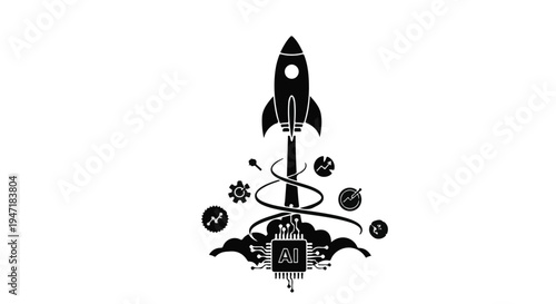 Black rocket ship launching into space with gears and cogs