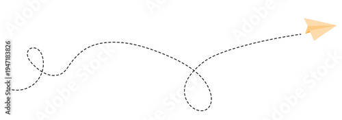 Colourful, fun paper plane with dotted line. Hand-drawn doodle aeroplane. flights paths icon collection. paper aeroplane route. Paper aeroplane with dashed flight path. 