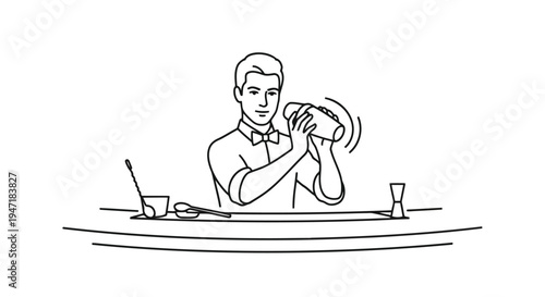 Bartender shaking cocktail in a shaker at a bar with a glass and a jigger on the counter in a flat illustration isolated on white background