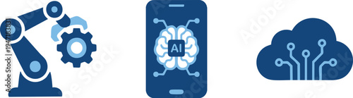 Set of 3 technology icons vector, AI, robotic, cloud