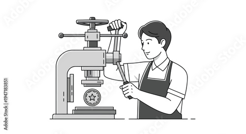 Man working with drill press machine in workshop, flat illustration isolated on white background