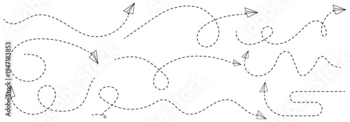 Paper airplane flying with a dashed path hand-drawn doodle aeroplane. flight path icon collection. paper areoplane route.  Paper areoplane with dotted flight path isolated on a white background.