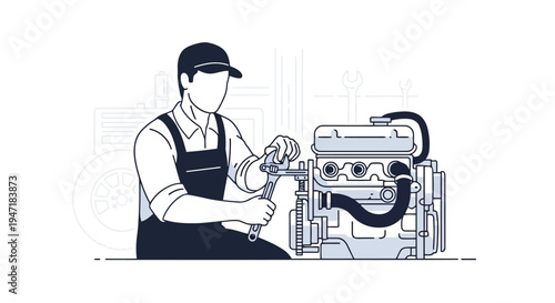 Mechanic repairing engine with wrench in industrial setting flat vector isolated on white background
