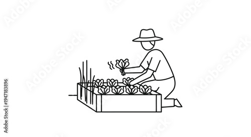 Man kneeling in garden planting flowers in soil in flat design isolated on white background