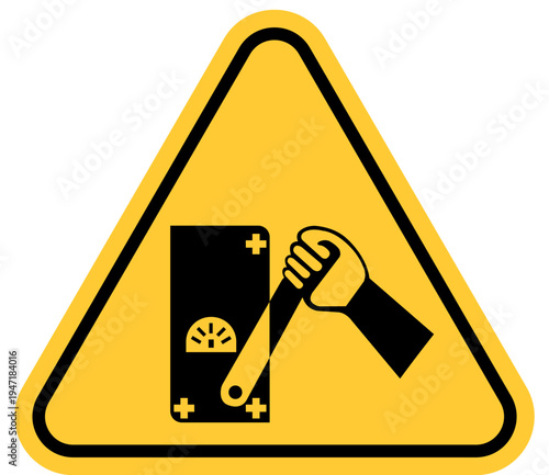 Warning sign for operating machinery hand turning a lever on a control panel safety symbol for industrial use isolated on white background