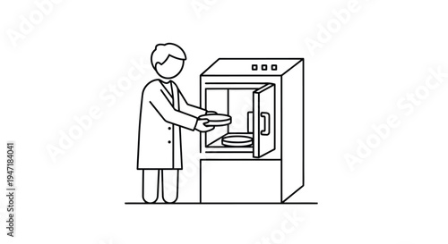 Lab technician taking dish out of laboratory oven, flat illustration isolated on white background