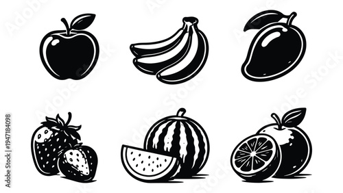 Fruit Icons Set – Apple, Banana, Strawberry, Watermelon and Citrus Vector
