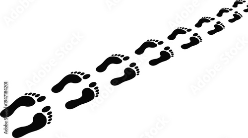 Human footprints trail silhouette, walking foot steps path vector, barefoot track pattern isolated, travel journey symbol, black feet print design