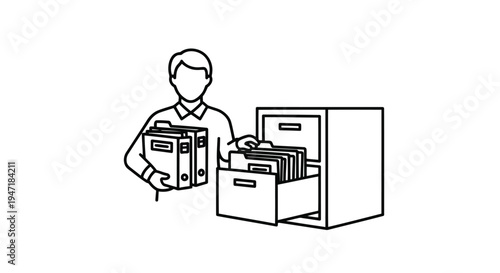Man holding files next to open filing cabinet in minimalist flat design isolated on white background