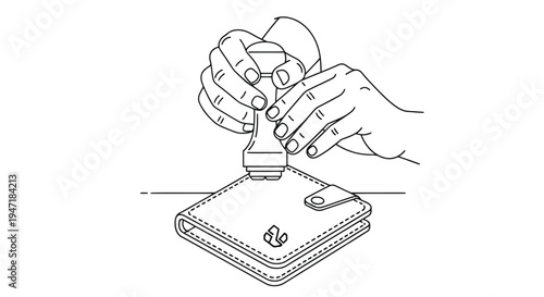 Hands using a leather stamp on a wallet, flat line illustration isolated on white background