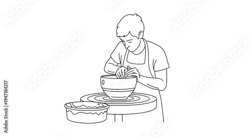 Man working on pottery wheel with clay bowl flat design isolated on white background