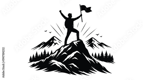 Man Standing on Mountain Peak with Flag – Success Achievement Vector Illustration