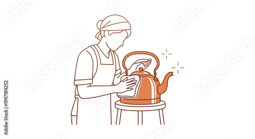 Woman pouring hot water from kettle on small table in flat design isolated on white background