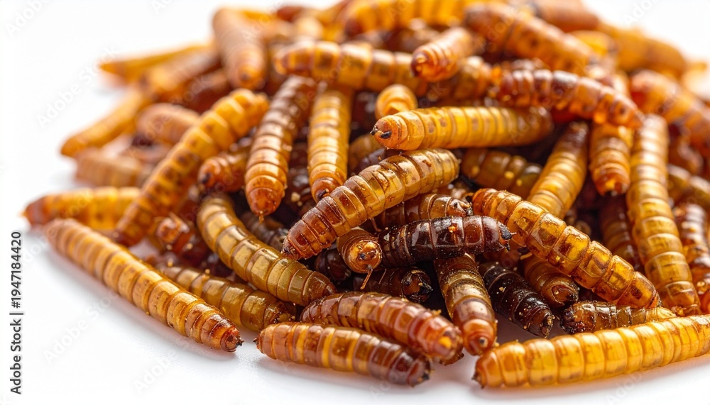 Fototapeta premium Pile of mealworms on white background