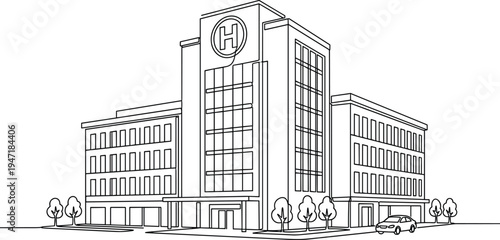 modern hospital building line illustration, medical center healthcare facility exterior architecture with helipad urban clinic design