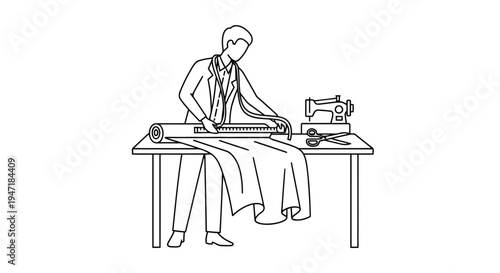 Man working on fabric with sewing machine flat design isolated on white background