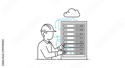 Man in hard hat interacting with server rack in flat line style isolated on white background