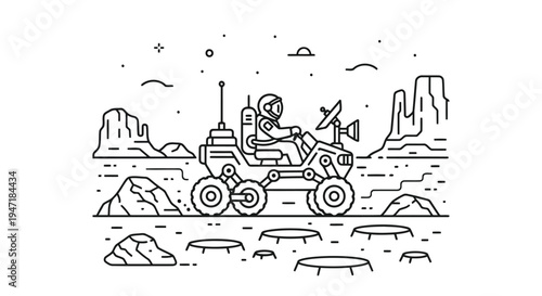 Astronaut driving rover on Mars with satellite dish isolated on white background