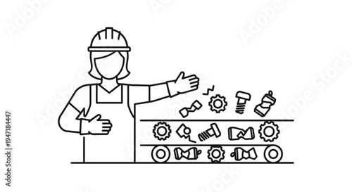 Line drawing of a worker in an apron and hard hat gesturing towards tools on a shelf, flat illustration isolated on white background