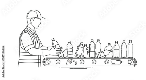 Man in uniform sorts plastic bottles on conveyor belt line in flat vector style isolated on white background