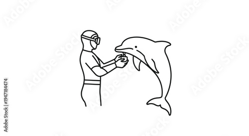 Man in diving gear interacting with dolphin in water, line art flat design isolated on white background