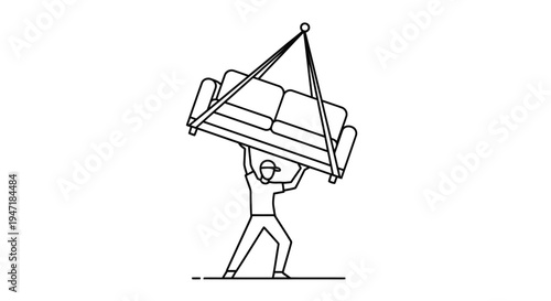 Man carrying sofa with lifting straps in continuous line art style isolated on white background