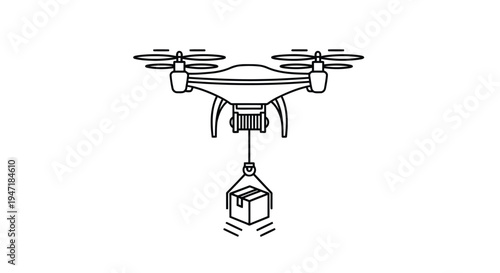 Drone carrying a box in flight, flat illustration isolated on white background