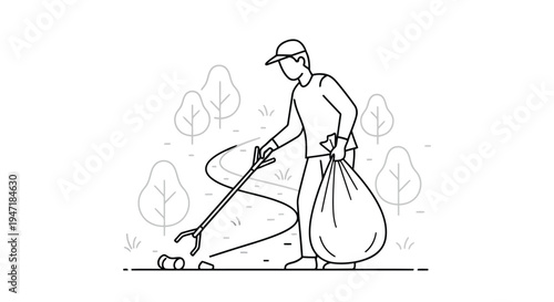 Man picking up trash with a bag and shovel in a park isolated on white background