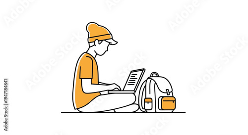Man sitting on floor using laptop with backpack beside him in flat vector style isolated on white background
