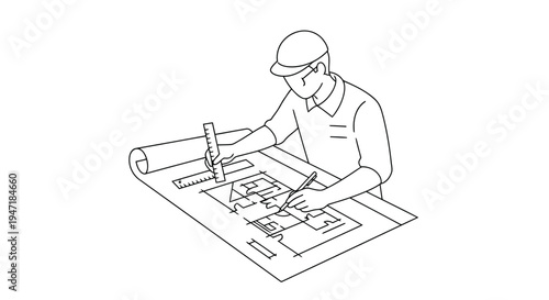 Construction worker drawing building plans with ruler and pencil on large blueprint isolated on white background