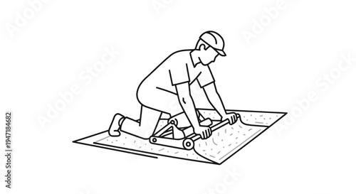 Man kneeling on a flat surface using a tool on a , flat line illustration isolated on white background