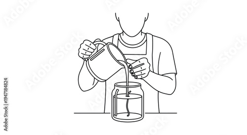 Man pouring water into a glass jar, one line drawing style isolated on white background