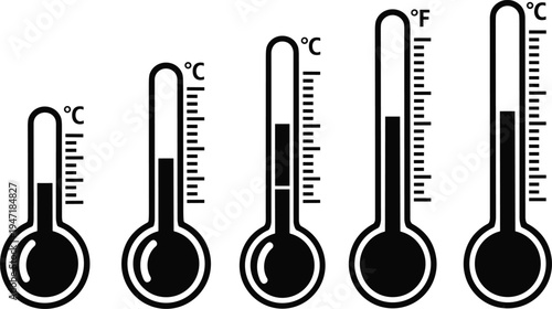 Thermometer temperature icons set, Celsius and Fahrenheit weather measurement symbols, climate heat level indicators, black vector thermometer illustration collection