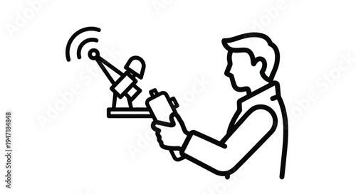 Man controlling robotic arm with smartphone in flat illustration isolated on white background