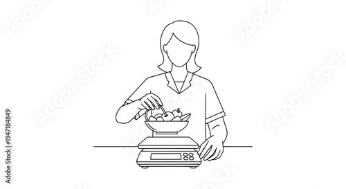 Woman weighing food on digital kitchen scale, line art style illustration isolated on white background