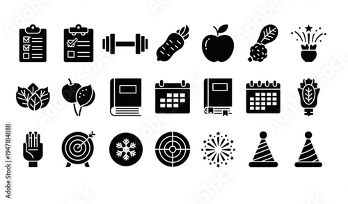 New Year resolution and celebration glyph icon bundle with fitness health study symbols