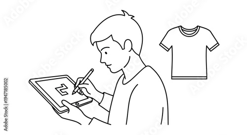 Man designing t-shirt with digital tablet in flat vector style isolated on white background