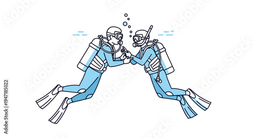 Two scuba divers shaking hands underwater in flat line art style isolated on white background