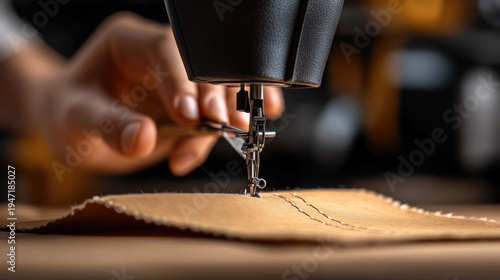 Hands expertly operating a sewing machine, stitching vibrant orange fabric with precision, highlighting the detailed process of garment creation and textile craftsmanship