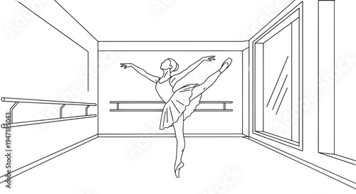 Ballerina dancing in studio with ballet barre and window isolated on white background