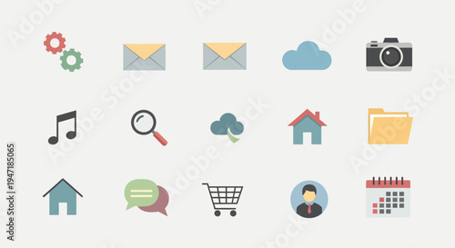 Collection of modern flat design icons for web and app interfaces, including business, technology, and lifestyle symbols