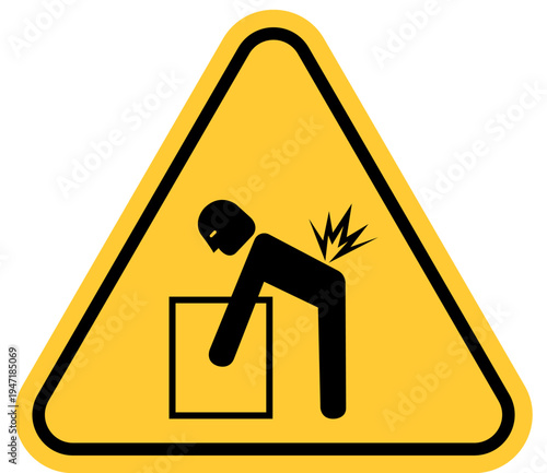 Warning sign for manual handling pictogram of a person lifting a box with a strained back safety symbol for workplace hazard isolated on white background