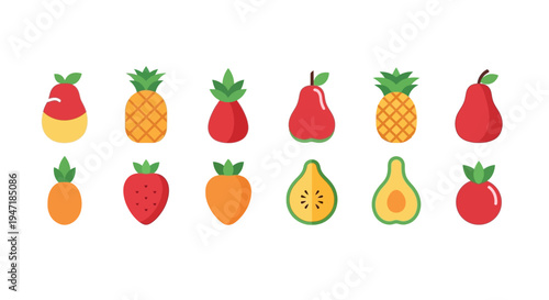 A vibrant collection of colorful, stylized fruit icons including pineapples, pears, strawberries, oranges, and avocados, perfect for creative projects