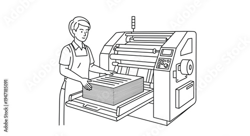 Man working with printing press machine in factory setting, line art style isolated on white background