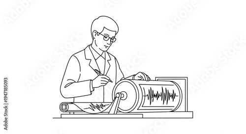 Man in lab coat analyzing sound wave on machine with pen and paper in hand flat vector isolated on white background