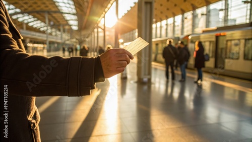 Person reading a train ticket inside a sunlit metro station with passengers and a train on the platform in the background.