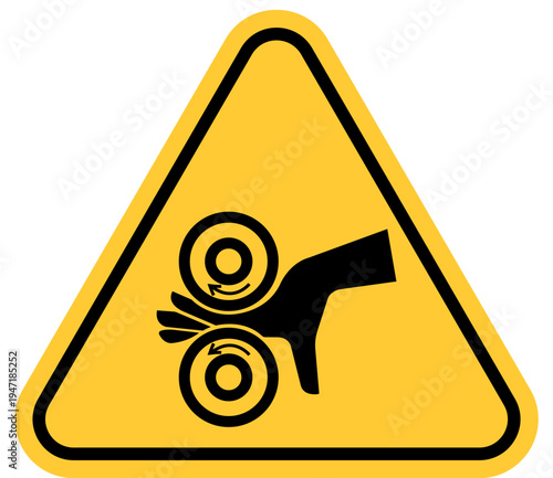 Warning sign for crushing hazard hand caught between rollers industrial safety symbol for machinery danger isolated on white background