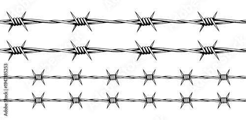A set of razor-sharp barbed wire strands with sharp spikes on a transparent background