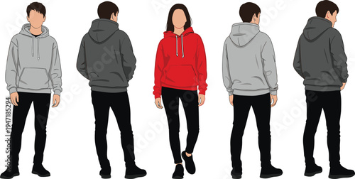 A stylized digital art representation showing a group of people standing in a line side by side Vector
