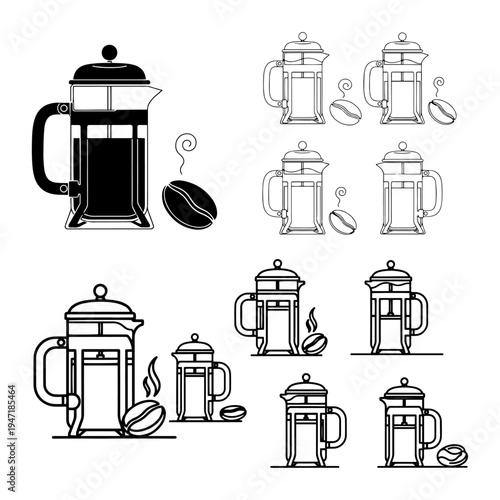 Professional coffee maker machine and coffee beans silhouette vector set for cafe branding